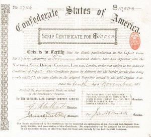 Post Civil War dated 1883 $10,000 Scrip Certificate - Confederate States of America